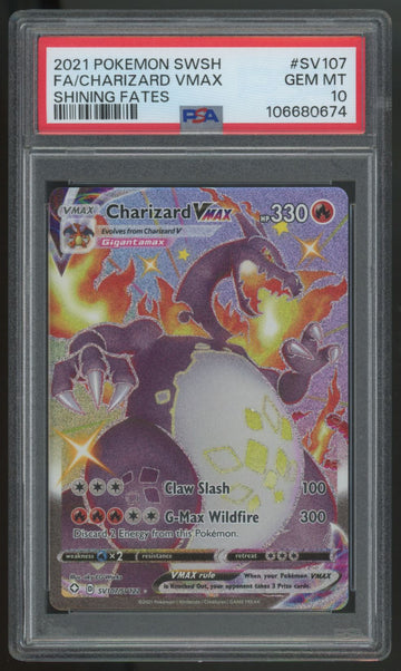 2021 Pokemon Charizard VMAX Shining Fates Full Art #SV107 PSA 10 (C)