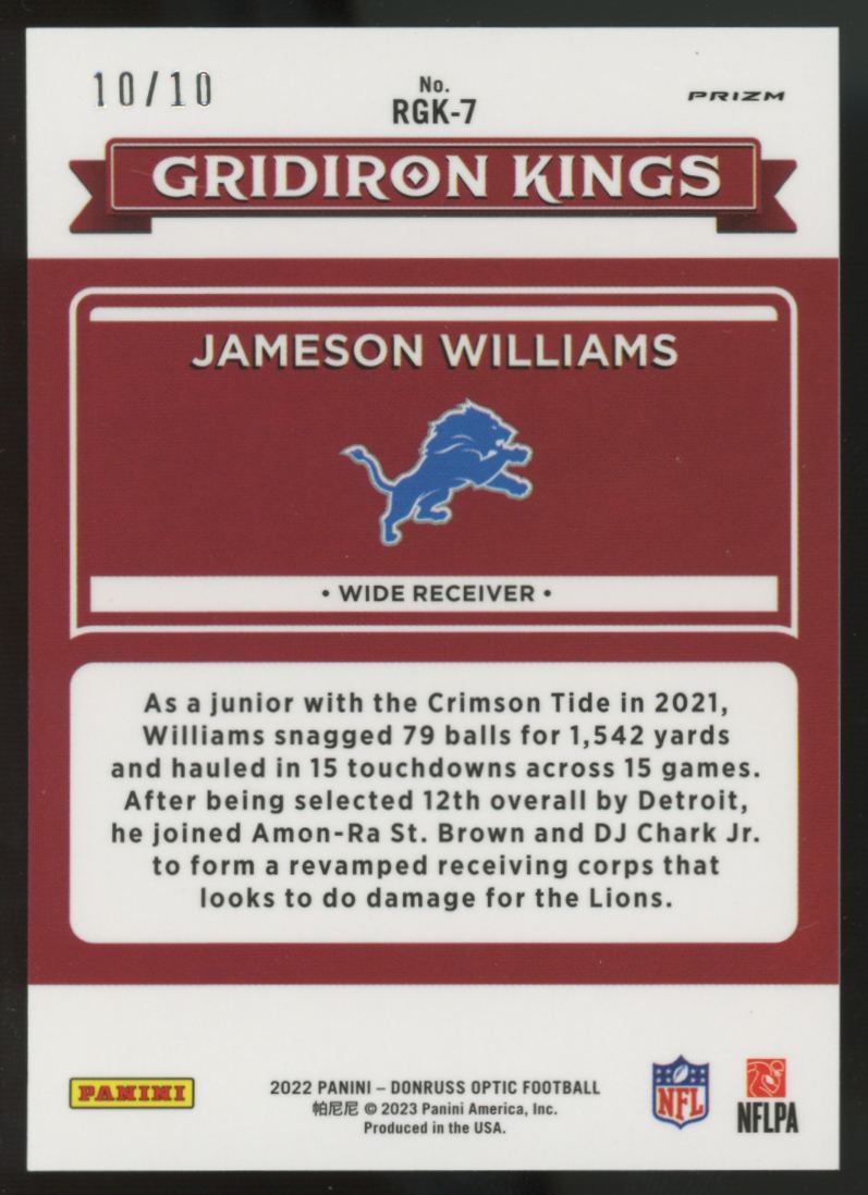 2022 Donruss Optic Jameson Williams RC Gridiron Kings Gold /10 #RGK-7