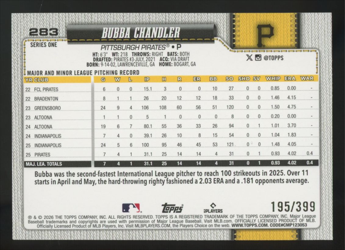 2026 Topps Series One Bubba Chandler RC Yellow Holo Foil /399 #283