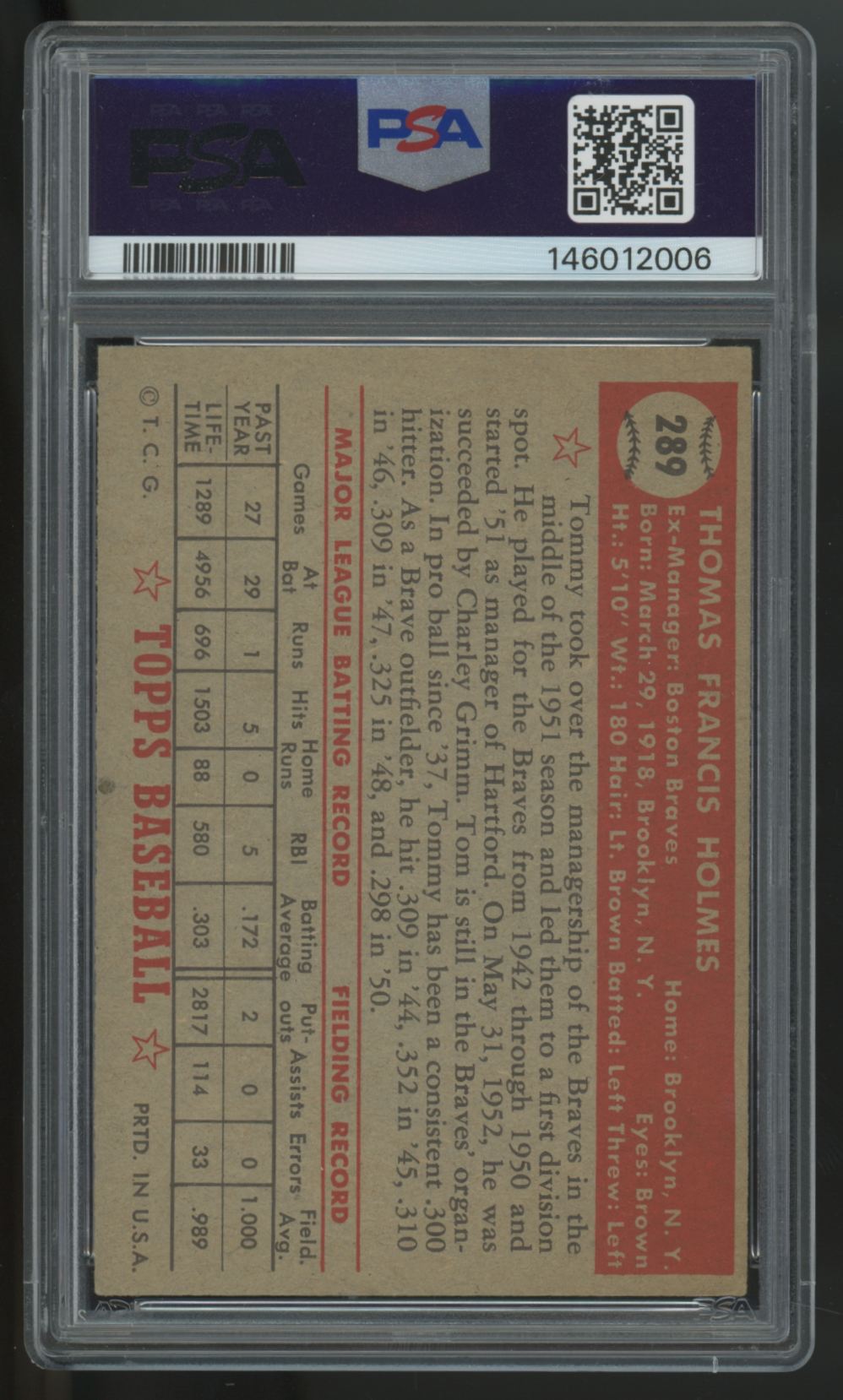 1952 Topps Tommy Holmes #289 PSA 5