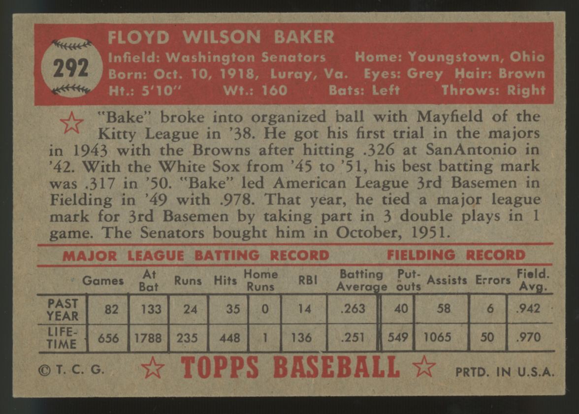 1952 Topps Floyd Baker #292 EX/MT