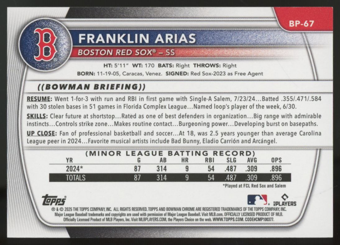 2025 Bowman Franklin Arias 1st Purple /250 #BP-67