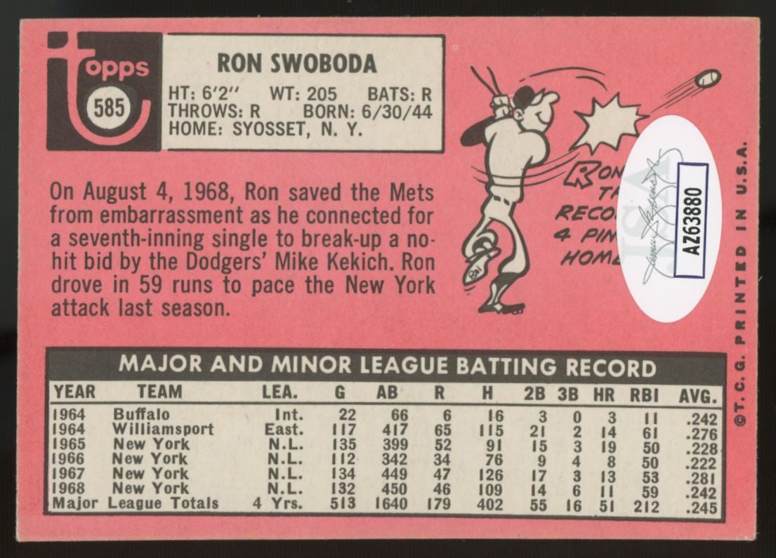 1969 Topps Ron Swoboda #585 Signed Auto JSA