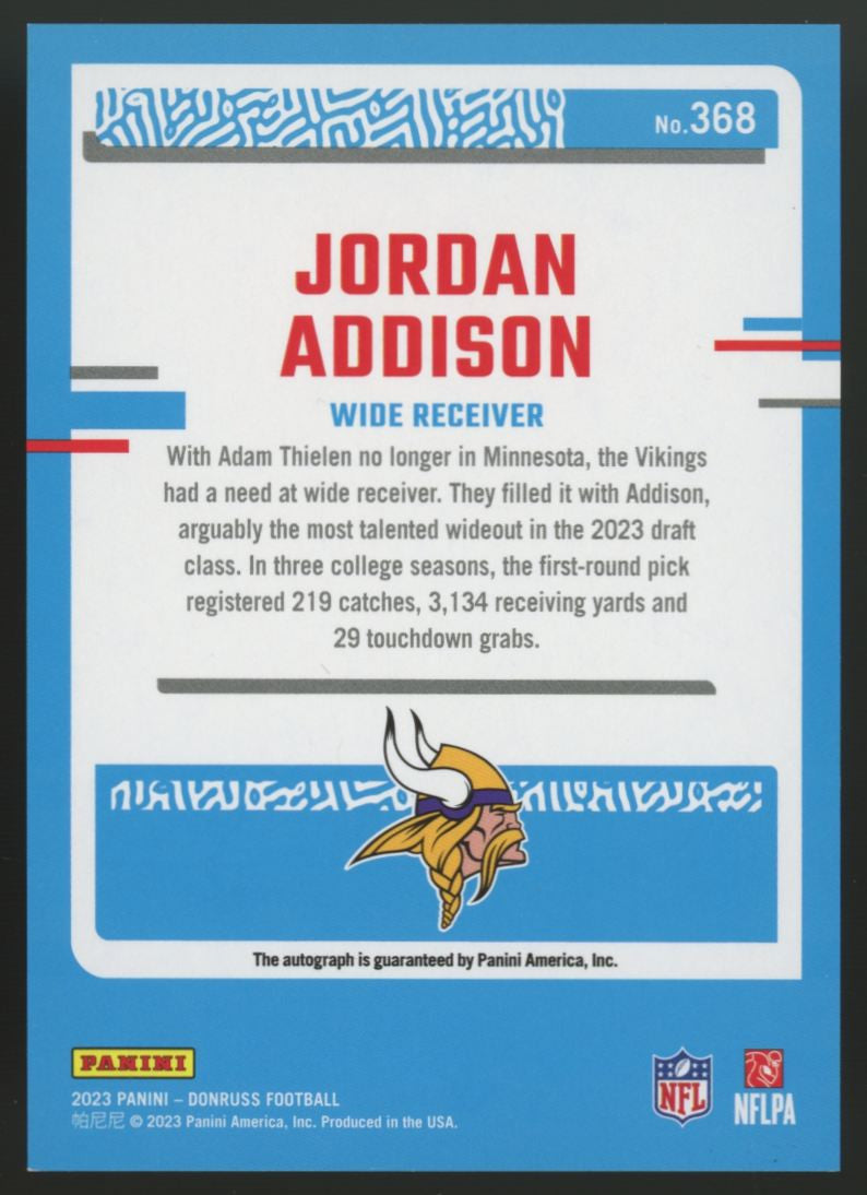 2023 Donruss Jordan Addison RC Rated Rookie Auto #368