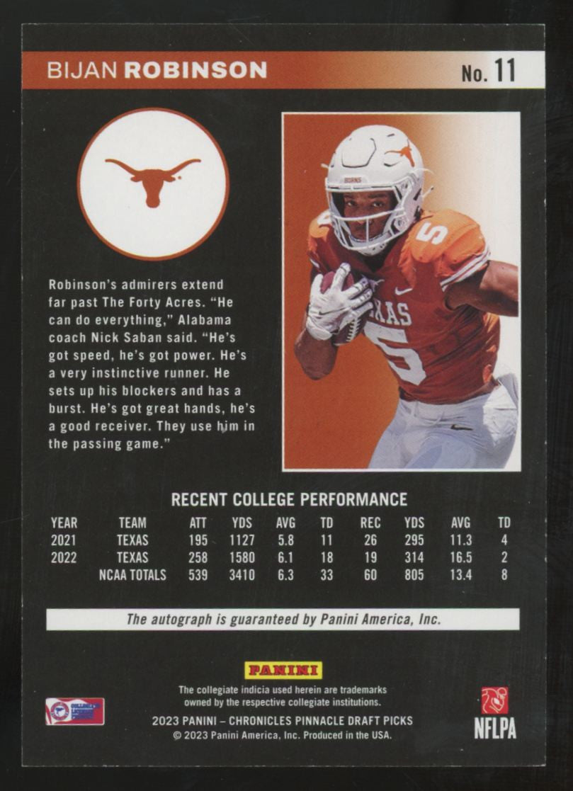 2023 Panini Chronicles Pinnacle Draft Bijan Robinson RC Auto /49 #11