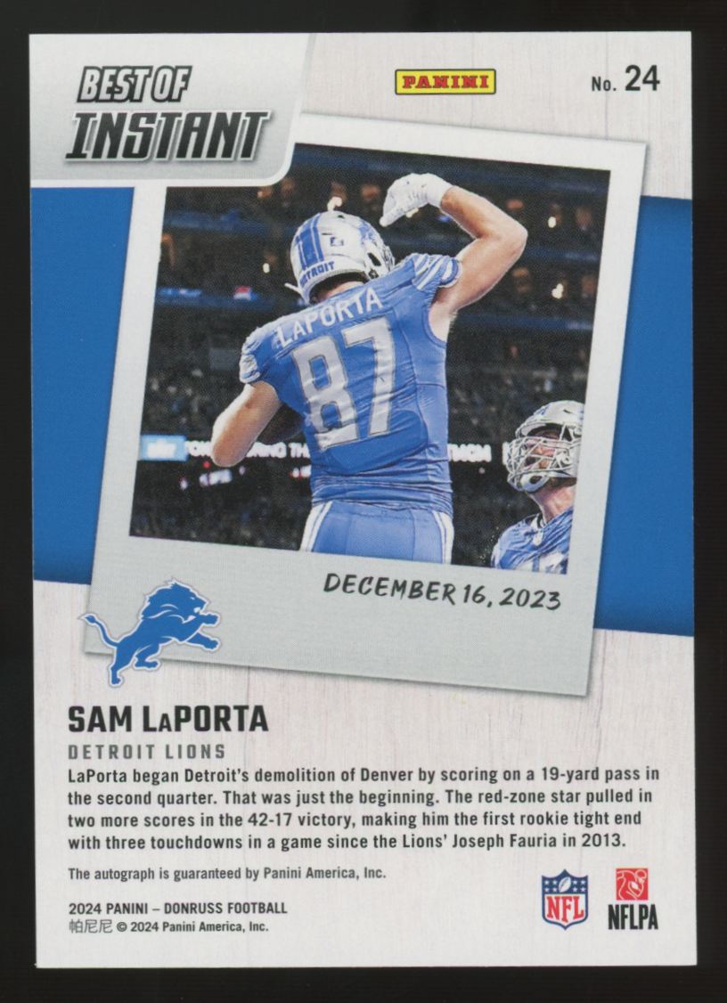 2024 Panini Donruss Sam LaPorta Best Of Instant Auto /199 #24