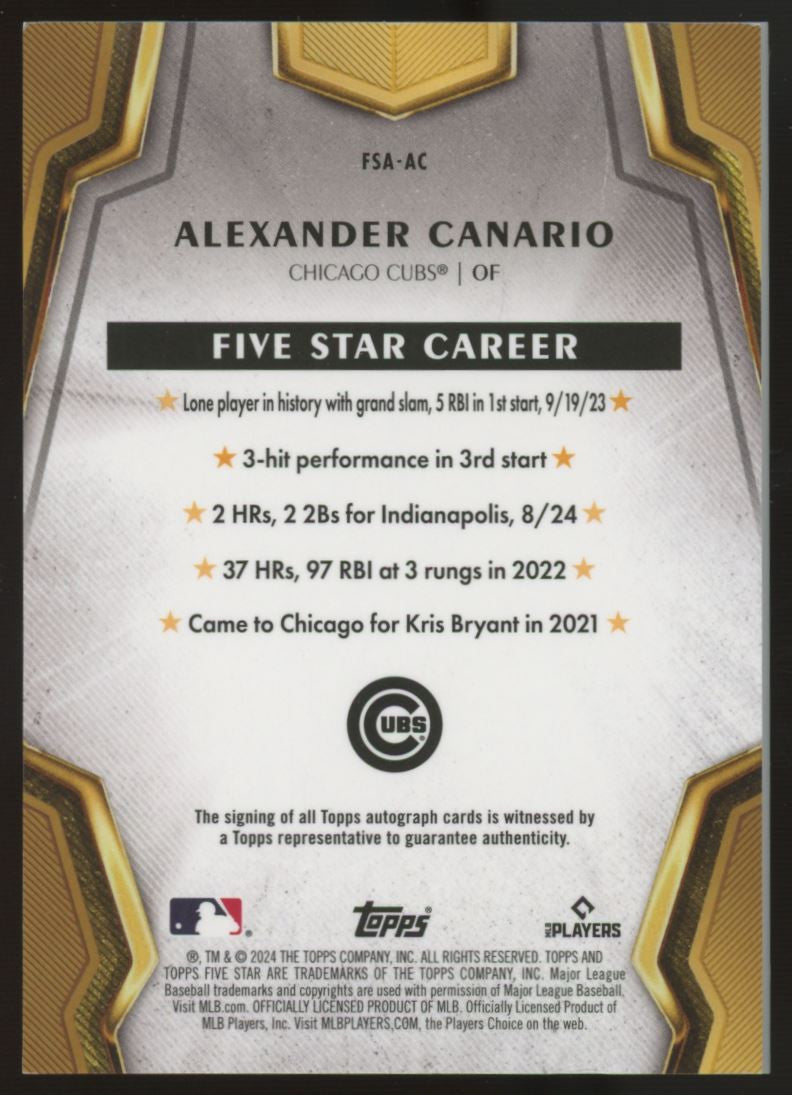 2024 Five Star Alexander Canario RC Auto Purple /50 #FSA-AC