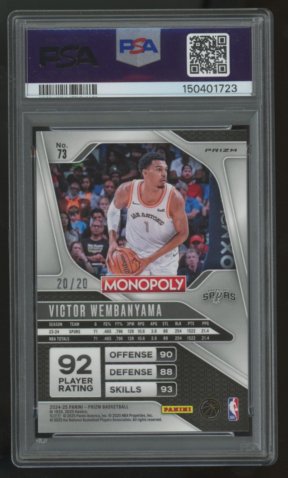 2024-25 Prizm Monopoly Victor Wembanyama Green Millionaire Shimmer /20 PSA 10
