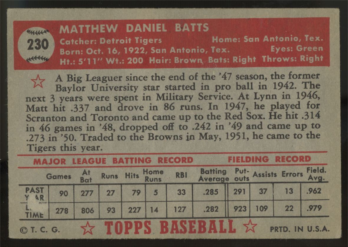 1952 Topps Matt Batts #230 VG