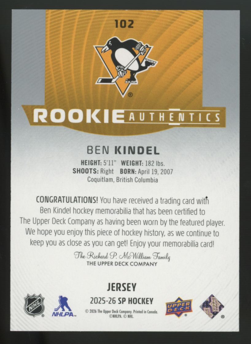 2025-26 Upper Deck SP Authentics Ben Kindel RC Patch #102