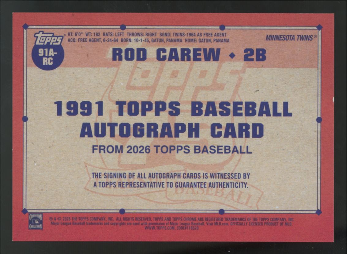 2026 Topps Series One Rod Carew 1991 Auto #91A-RC