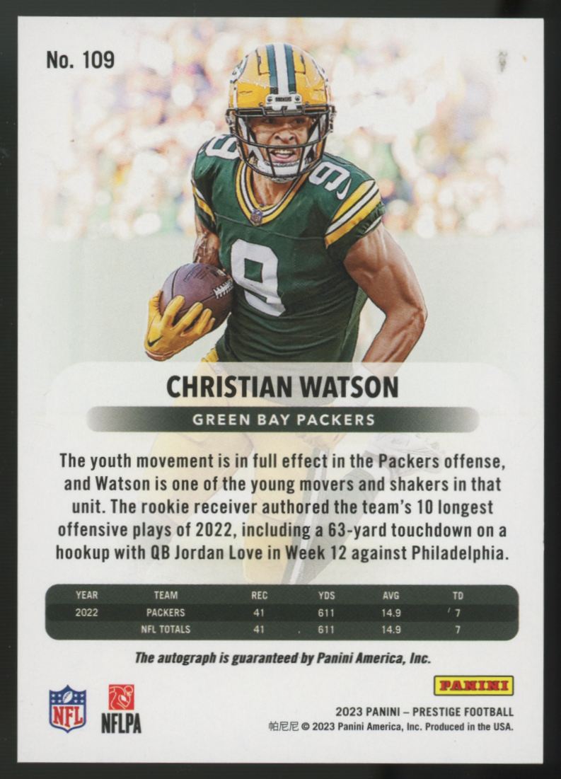 2023 Panini Prestige Christian Watson Gold Xtra Points Auto /50 #109