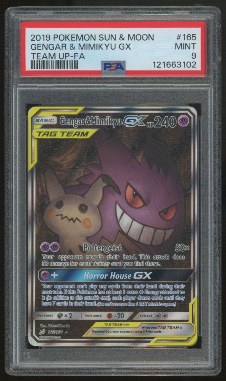 2019 Pokemon Gengar & Mimikyu GX Team Up Full Art #165 PSA 9