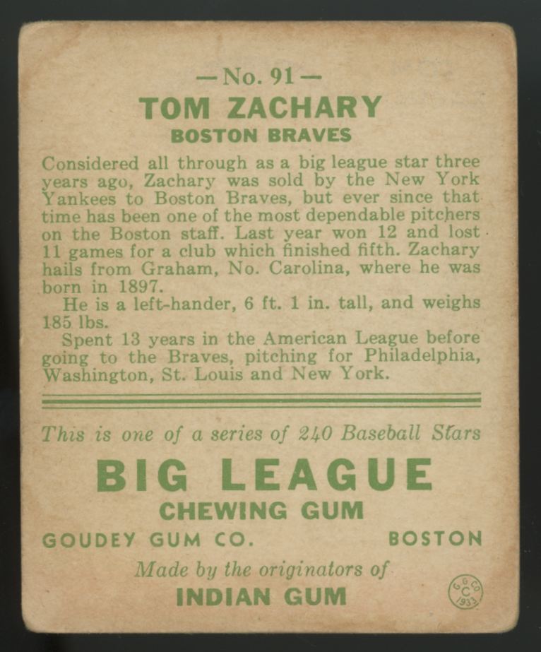 1933 Goudey Tom Zachary #91 Fair