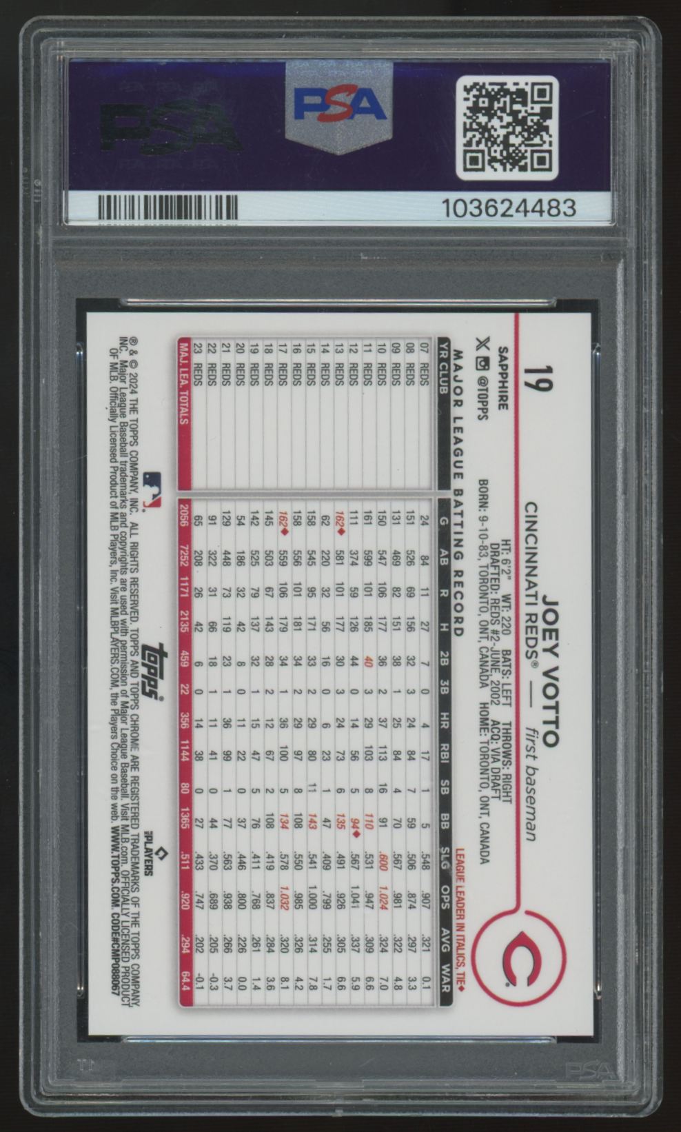 2024 Topps Sapphire Joey Votto Black /10 #19 PSA 10