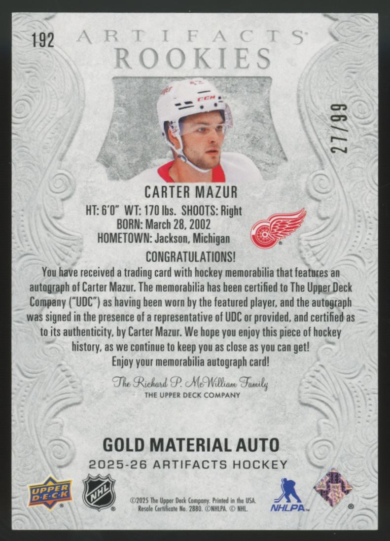 2025-26 Upper Deck Artifacts Carter Mazur RC Gold Patch Auto RPA /99 #192