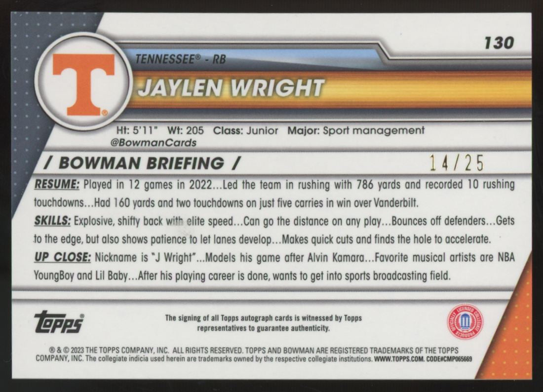 2023 Bowman Chrome U Jaylen Wright 1st Prospect Orange Shimmer Auto /25 #130