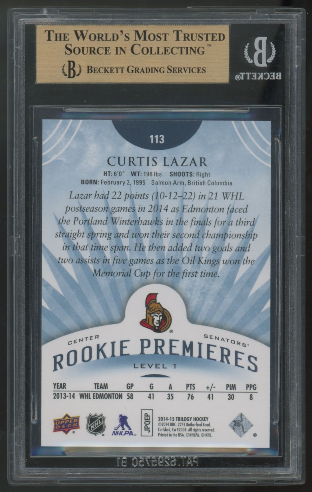 2014-15 UD Trilogy Curtis Lazar RC Radiant Blue Premieres /499 #113 BGS 9.5