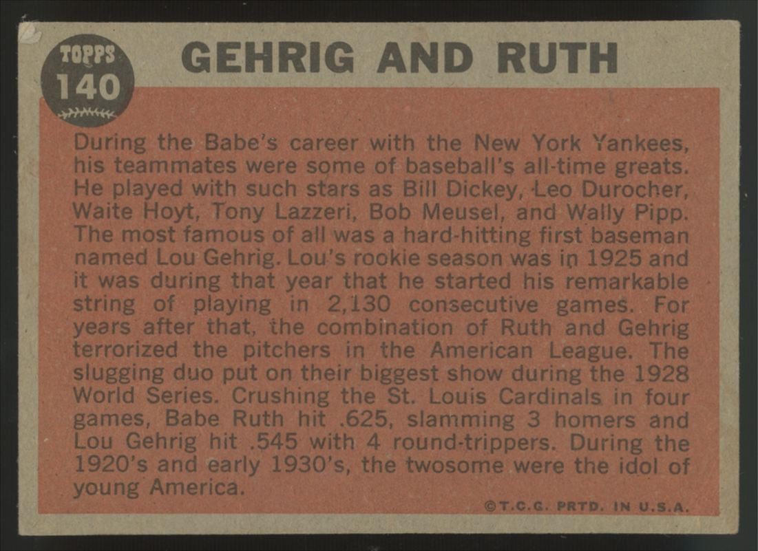 1962 Topps Lou Gehrig/ Babe Ruth Special #140 VG