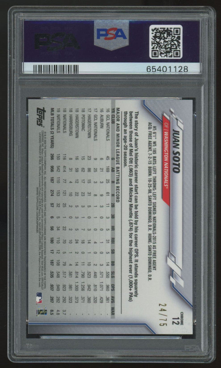 2020 Topps Chrome Ben Baller Juan Soto Blue Refractor /75 #12 PSA 10