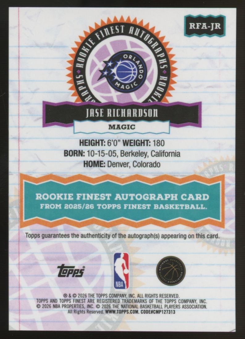 2025-26 Topps Finest Jase Richardson RC Finest Rookies Black Geometric Auto /25