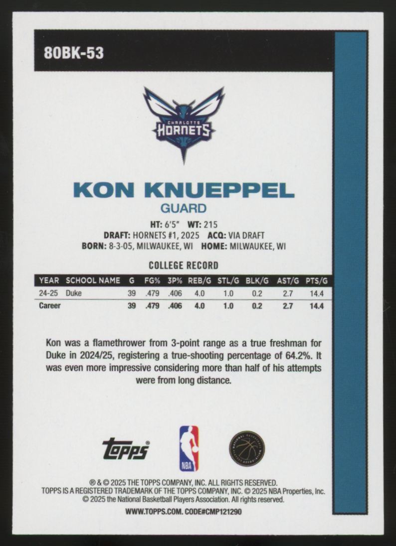 2025-26 Topps Kon Knueppel RC 1980-81 Green Holo Foil /99 #80BK-53