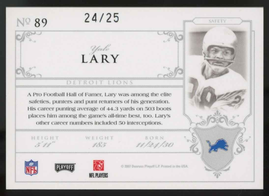2007 Playoff National Treasures Yale Lary /25 #89