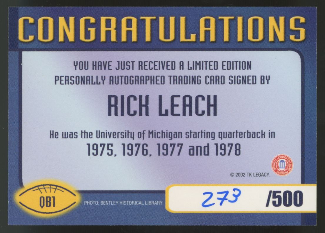 2002 TK Legacy Rich Leach Quarterback Club Auto /500 #QB1