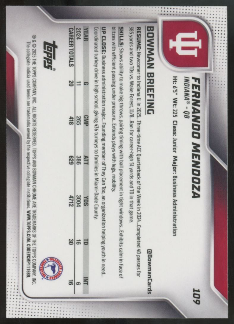 2025 Bowman Chrome University Fernando Mendoza 1st Green Shimmer /99 #109