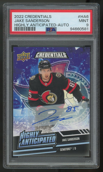 2022-23 UD Credentials Jake Sanderson RC Highly Anticipated Auto #HA-6 PSA 9
