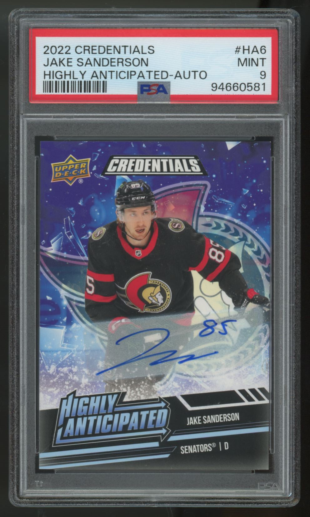 2022-23 UD Credentials Jake Sanderson RC Highly Anticipated Auto #HA-6 PSA 9
