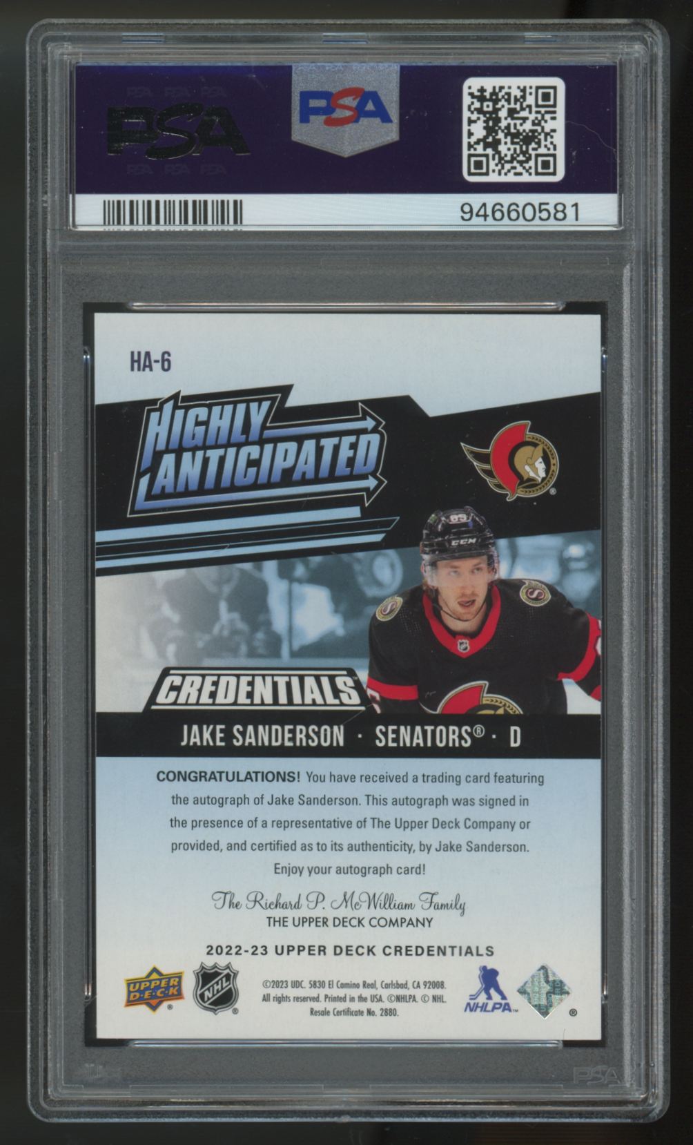 2022-23 UD Credentials Jake Sanderson RC Highly Anticipated Auto #HA-6 PSA 9