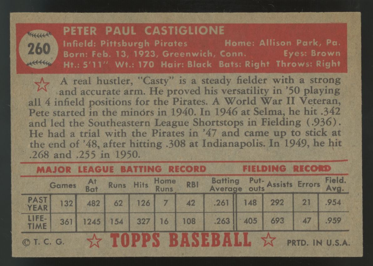 1952 Topps Pete Castiglione RC #260 EX