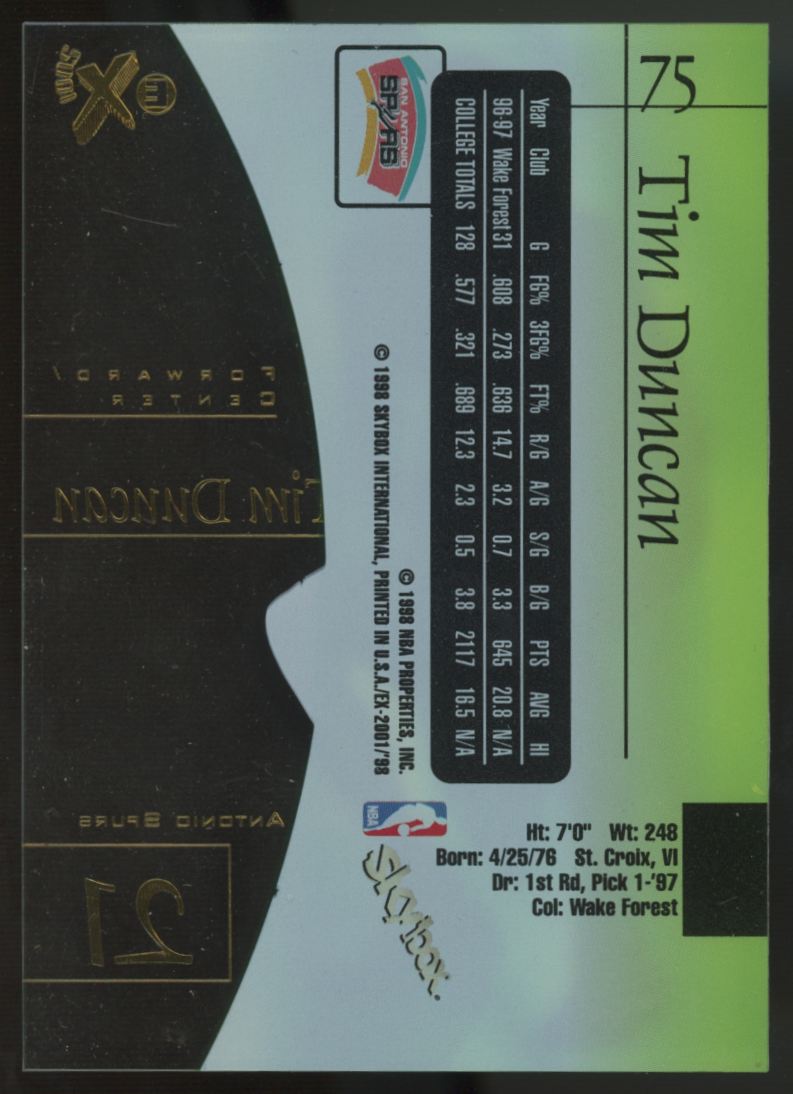 1997-98 Skybox EX2001 Tim Duncan RC #75