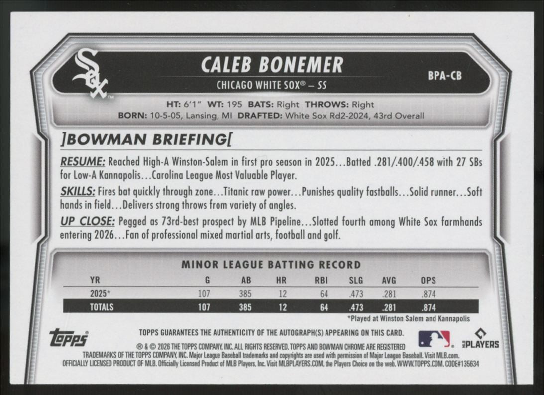 2026 Bowman Caleb Bonemer Green Prospect Auto /99 #BPA-CB