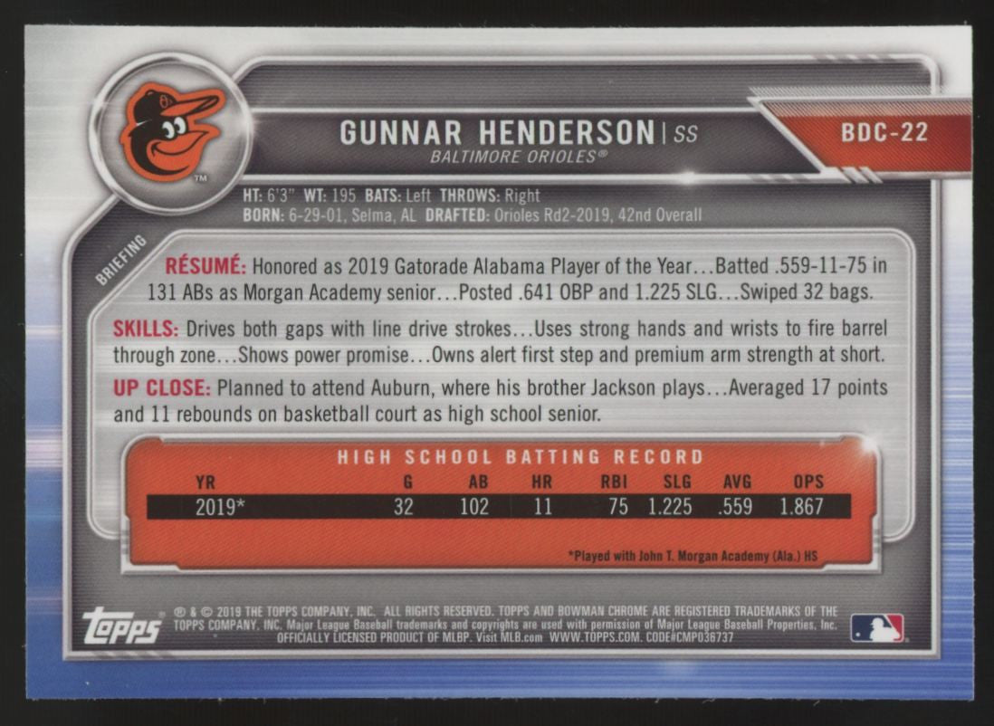 2019 Bowman Chrome Draft Gunnar Henderson 1st Ice #BDC-22