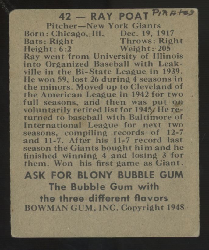 1948 Bowman Ray Poat #42 VG (MC / Writing)