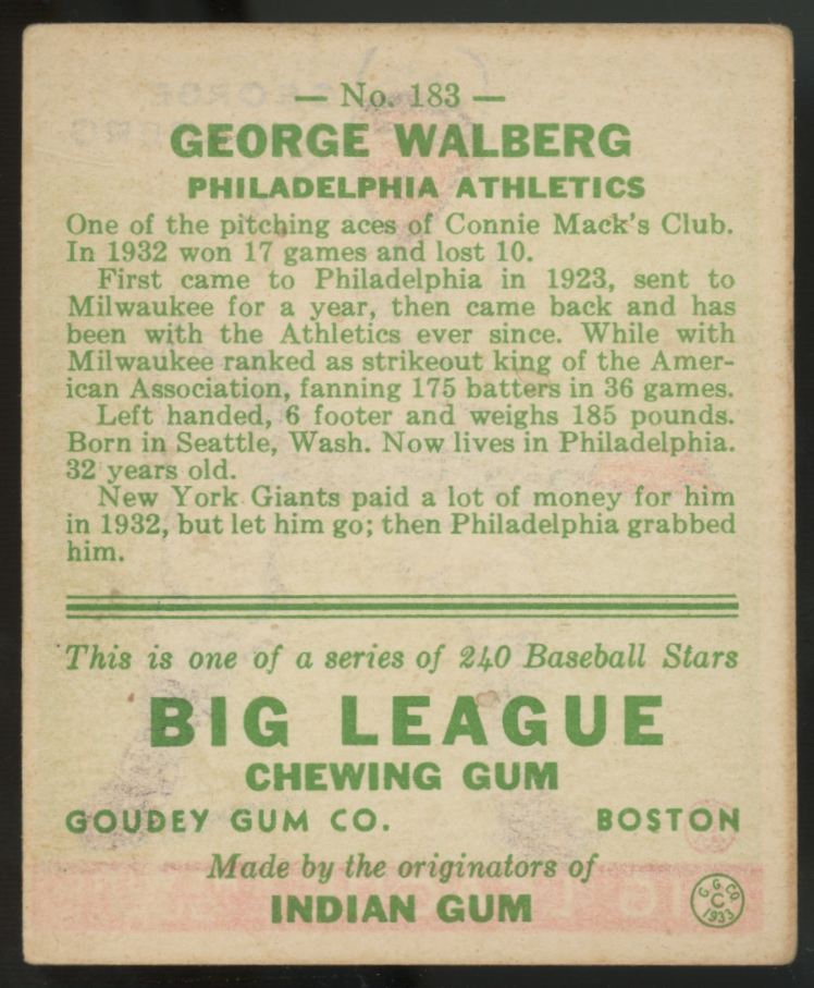 1933 Goudey George Walberg #183 VG/EX