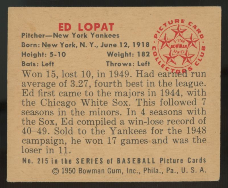 1950 Bowman Ed Lopat #215 EX+