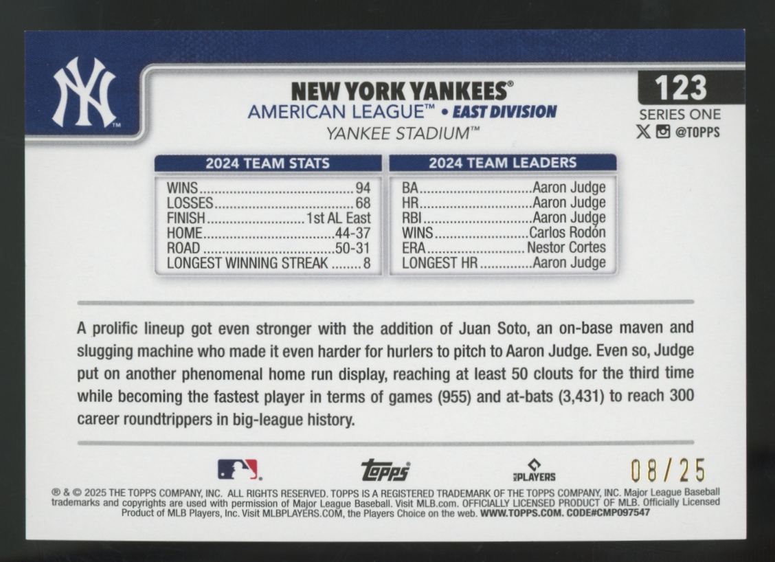 2025 Topps Series One New York Yankees Team Card Orange Rainbow Foil  /25 #123