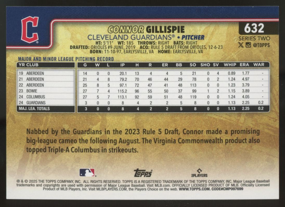 2025 Topps Series Two Connor Gillispie RC Golden Mirror SSP #632