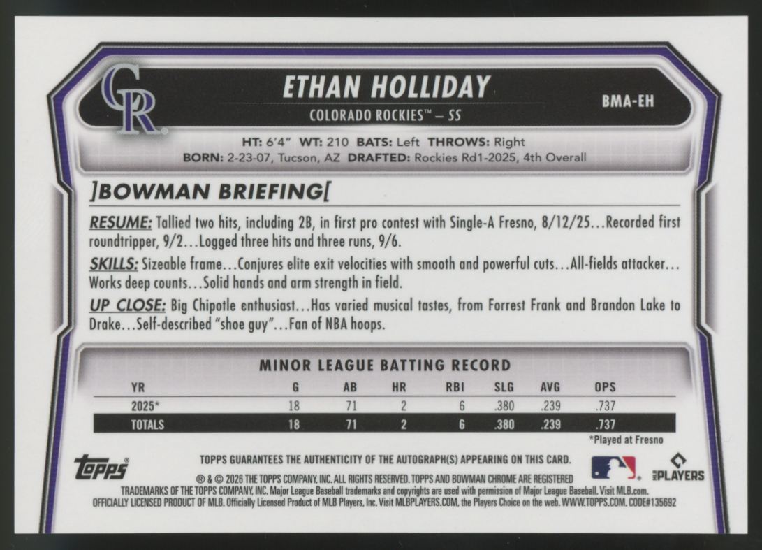 2026 Bowman Chrome Mega Ethan Holliday Orange Auto /25 #BMA-EH