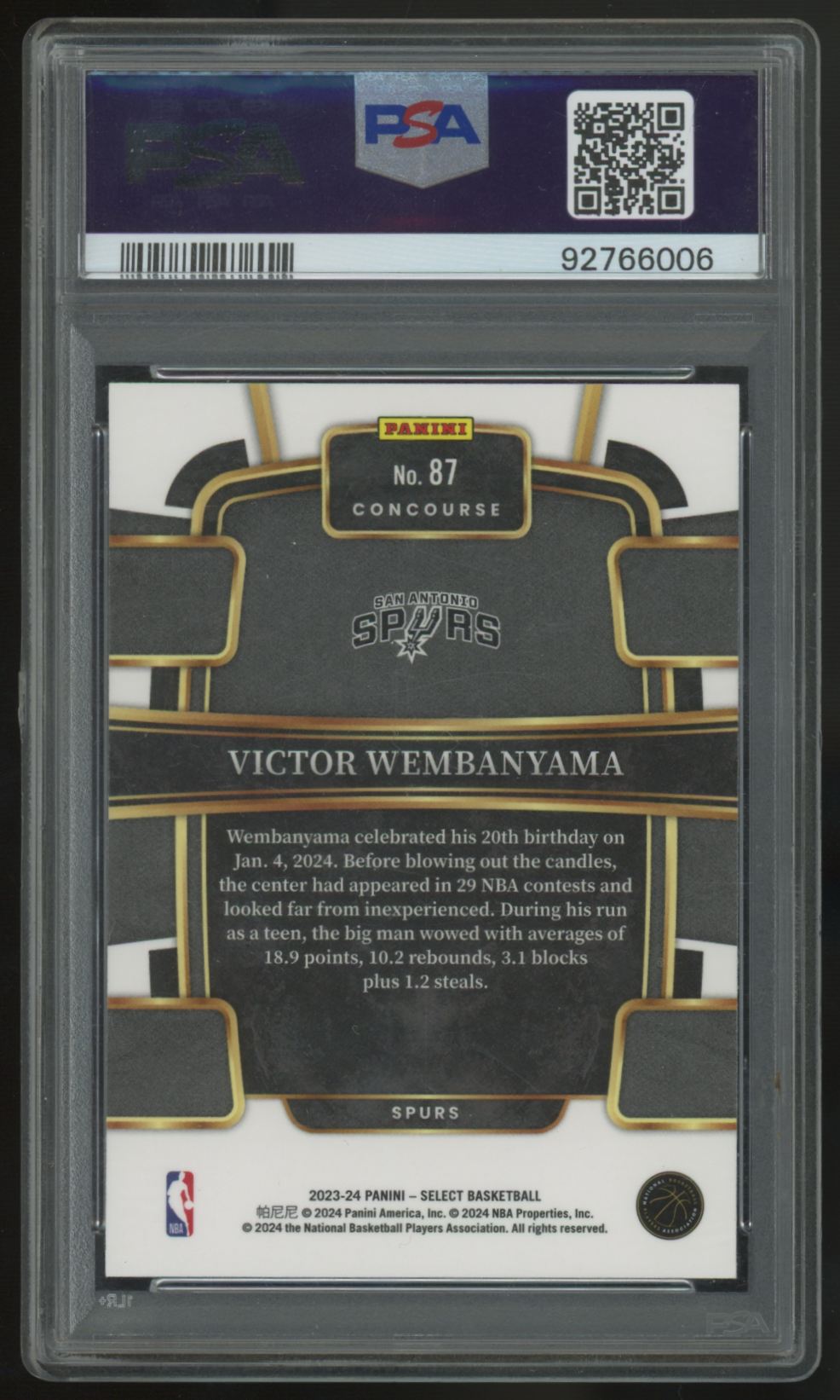 2023-24 Panini Select Victor Wembanyama RC Concourse Blue #87 PSA 10 *006