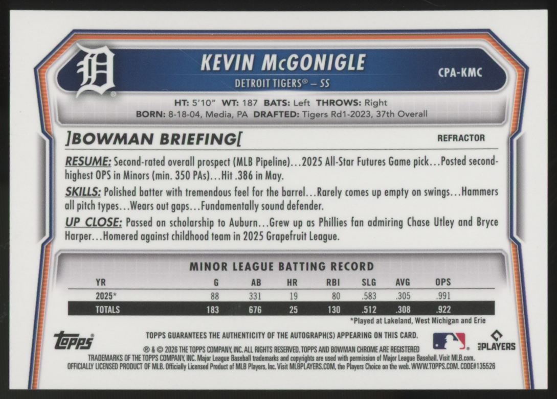 2026 Bowman Chrome Kevin McGonigle Prospect Auto /499 #CPA-KMC