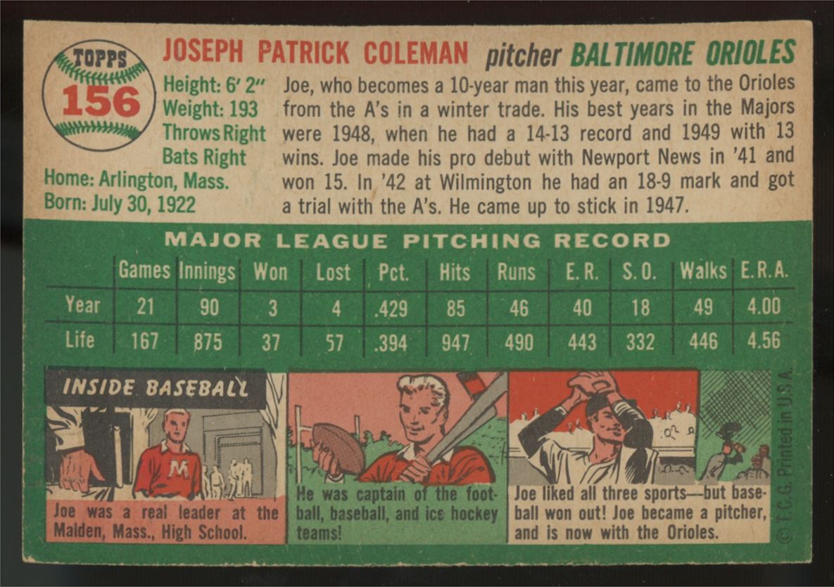 1954 Topps Joe Coleman #156 NM