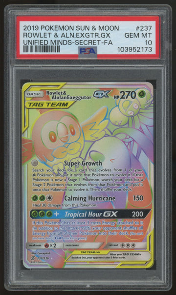 2019 Pokemon Rowlet & Alolan Exeggutor GX Unified Minds Secret Rare #237 PSA 10