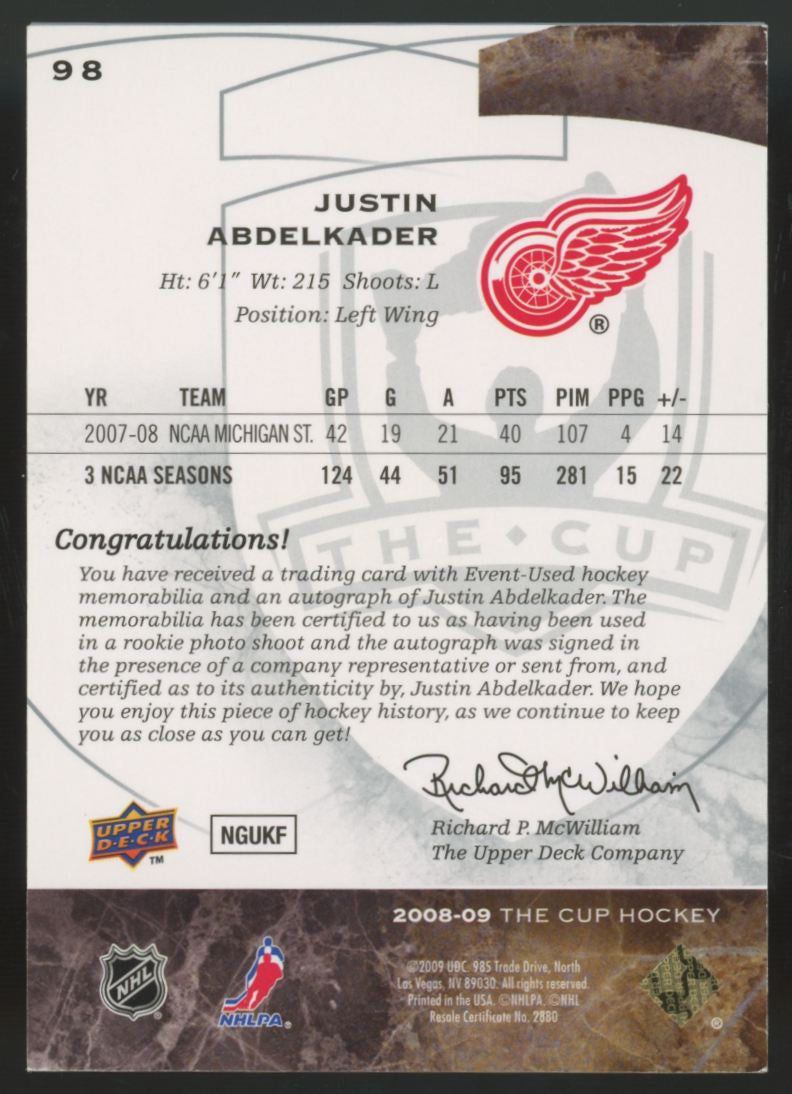 2008-09 Upper Deck The Cup Justin Abdelkader RC Patch Auto RPA /249 #98