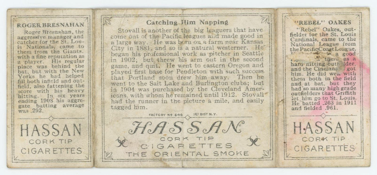1912 T202 Hassan Triple Folders Roger Bresnahan Rebel Oakes Poor