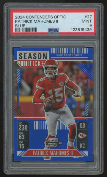 2024 Contenders Optic Patrick Mahomes II Blue Season Ticket /99 #27 PSA 9