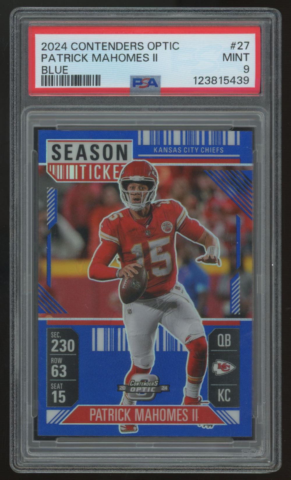 2024 Contenders Optic Patrick Mahomes II Blue Season Ticket /99 #27 PSA 9